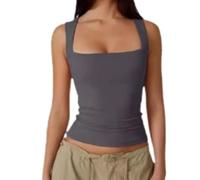 Women's Square Neck Vest Tops, Double-Layer Sleeveless Tank Top with Soft Stretchy Fabric, Lady Basic Skinny T-Shirt, Yoga Sport & Casual Wear Essentials for Women Ladies (Dark Gray,S)