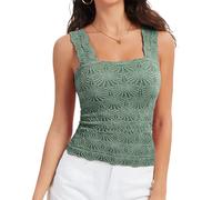 Women's Square Neck Wide Strap Crop Tank Tops Slim Fit Sleeveless Going Out Top Flower Lettuce Trim Cami Tops, Emerald Green, M