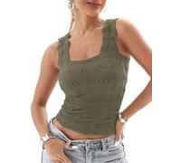 Women's Square Neck Wide Strap Crop Tank Tops Slim Fit Sleeveless Going Out Top Flower Lettuce Trim Cami Tops, Green, S
