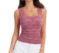 Women's Square Neck Wide Strap Crop Tank Tops Slim Fit Sleeveless Going Out Top Flower Lettuce Trim Cami Tops, Rose Pink, M