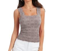 Women's Square Neck Wide Strap Crop Tank Tops Slim Fit Sleeveless Going Out Top Flower Lettuce Trim Cami Tops, Light Brown, M