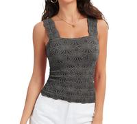 Women's Square Neck Wide Strap Crop Tank Tops Slim Fit Sleeveless Going Out Top Flower Lettuce Trim Cami Tops, Dark Gray, M