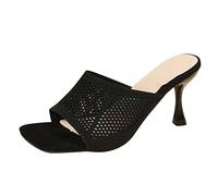 Women's Square Open Toe Slides Sandals Knit Kitten Heel Mule Heels Slip On Slide Shoes 02_Black 6