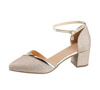 Women's Square Pointed Toe Sandals Low Chunky Heels Pumps Comfortable Heels Sandals Chunky Block Pumps Adjustable Ankle Strap Dress Shoes for Office Wedding Party Gold