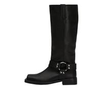 Women's Square Toe Knee High Boots, Faux Leather Buckle Strap Mid Calf Biker Boots, Fashion Block Heel Riding Boots for Spring Autumn Casual Wear Black