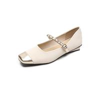 Women's Square-Toe Mary Jane Shoes Low-Heel Open-Toe Flats with Fairy-Style Design Perfect for Dresses Gowns Beige
