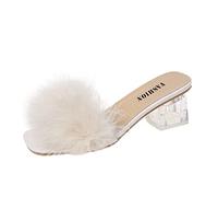 Women's Square Toe Platform Shoes Open Toe Fluffy Heels Pumps Clear Heel Sandals Wedding Bridal Party Dress Shoe Faux Fur Slides Slippers 2 in Beige