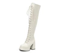 Women's Square Toe Platform Tall Boots Lace Up Over The Knee Chunky High Heels Side Zip Wide Calf Friendly Patent Leather
