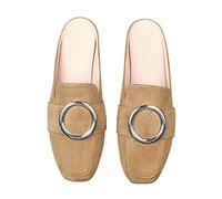 Women's Square Toe Suede Mules and Clogs Elegant Minimalist Open Heel Slip On Soft Flat Sole | Spring Summer Outdoor Daily Casual, 01 Khaki, 8 UK