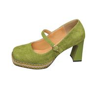 Women's Square Toe Velvet Buckle Closure Block Heel Low Open Pumps Plus Size Comfortable Pumps for Office Wear or Chic Night Out, Vert70, 4 UK