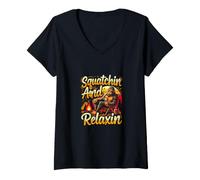 Women's Squatchin and Relaxin Bigfoot Camping Retro Sunset V-Neck T-Shirt