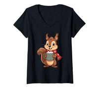 Womens Squirrel Holding Hot Chocolate Cup Cartoon Winter V-Neck T-Shirt