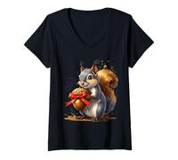 Womens Squirrel Holding Large Acorn with Red Bow V-Neck T-Shirt