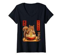 Women's Squirrel Ramen Japanese Art Funny Anime Graphic Tee Kawaii V-Neck T-Shirt