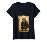 Women's Squirrel Samurai Art Japanese Vintage V-Neck T-Shirt
