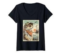 Women's Squirrel with Sunglasses Duck Hunting Hunter Retro Sunset V-Neck T-Shirt