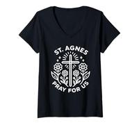Womens St. Agnes Pray for Us Floral Catholic Saint V-Neck T-Shirt