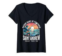 Womens St Andrew Patron Saint of Fishing Rod Fishermen Catholic V-Neck T-Shirt