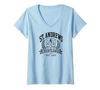 Women's St. Andrews Scotland Golf Thistles and Wreath Black Print V-Neck T-Shirt