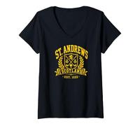 Women's St. Andrews Scotland Golf Thistles and Wreath Gold Print V-Neck T-Shirt