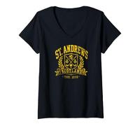 Women's St. Andrews Scotland Golf Thistles/Wreath Gold Aged Print V-Neck T-Shirt