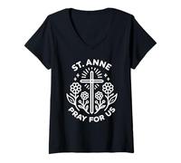 Womens St. Anne Pray for Us Floral Christian Catholic Novena V-Neck T-Shirt