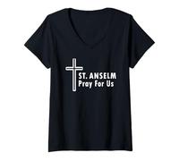 Womens St. Anselm Pray for Us Catholic Church Saint Patronage V-Neck T-Shirt