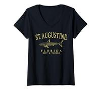 Women's St. Augustine Florida Shark Vintage Yellow Art Fishing V-Neck T-Shirt