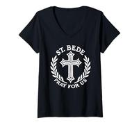 Womens St. Bede Pray for Us Catholic Christian Faith V-Neck T-Shirt