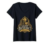 Women's St Benedict Ora et Labora Traditional Catholic Saint V-Neck T-Shirt