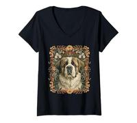 Women's St Bernard Floral Vintage Swiss Alpine V-Neck T-Shirt