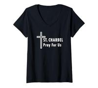 Womens St. Charbel Pray for Us Catholic Saint Healing Miracles V-Neck T-Shirt