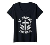 Womens St. Charbel Pray for Us Cross Maronite Catholic Faith V-Neck T-Shirt