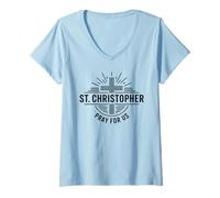 Women's St Christopher Pray for Us Catholic Cross Travel V-Neck T-Shirt