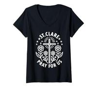 Women's St. Clare Pray for Us Catholic Saint Floral V-Neck T-Shirt