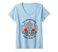 Women's St Dymphna Pray for Us Catholic Patron Saint Folk Art V-Neck T-Shirt