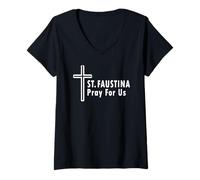 Womens St. Faustina Pray for Us Divine Mercy Cross V-Neck T-Shirt