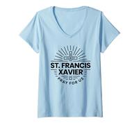 Women's St Francis Xavier Pray for Us Catholic Saint V-Neck T-Shirt