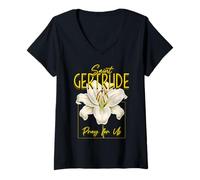 Womens St Gertrude of Nivelles Lily Purity Catholic Patron Saint V-Neck T-Shirt