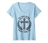 Women's St Helena Pray for Us Catholic Religious Cross V-Neck T-Shirt