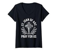 Womens St. Joan of Arc Pray for Us Catholic Patronage Religious V-Neck T-Shirt