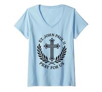 Womens St. John Paul II Pray for Us Catholic Saint Prayer V-Neck T-Shirt