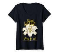 Womens St Kateri Tekakwitha Lily Purity Catholic Saints V-Neck T-Shirt