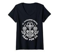 Womens St. Katharine Drexel Catholic Pray for Us Cross V-Neck T-Shirt