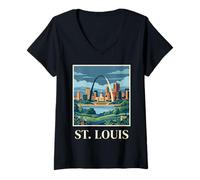 Women's St Louis Missouri Retro Vintage Arch Skyline River Cityscape V-Neck T-Shirt
