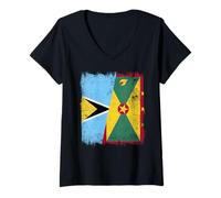 Women's St. Lucia Grenada Half Flag Saint Lucian Grenadian Heritage V-Neck T-Shirt