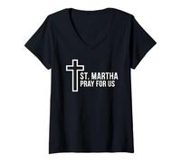 Women's St. Martha Pray for Us Catholic Patron Saint Cross V-Neck T-Shirt