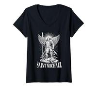 Women's St Michael Defeating Devil Catholic Archangel Warrior V-Neck T-Shirt