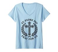 Women's St Padre Pio Pray for Us Catholic Saint Cross Devotion V-Neck T-Shirt