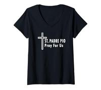 Womens St. Padre Pio Pray for Us Catholic Saint Patronage Prayer V-Neck T-Shirt